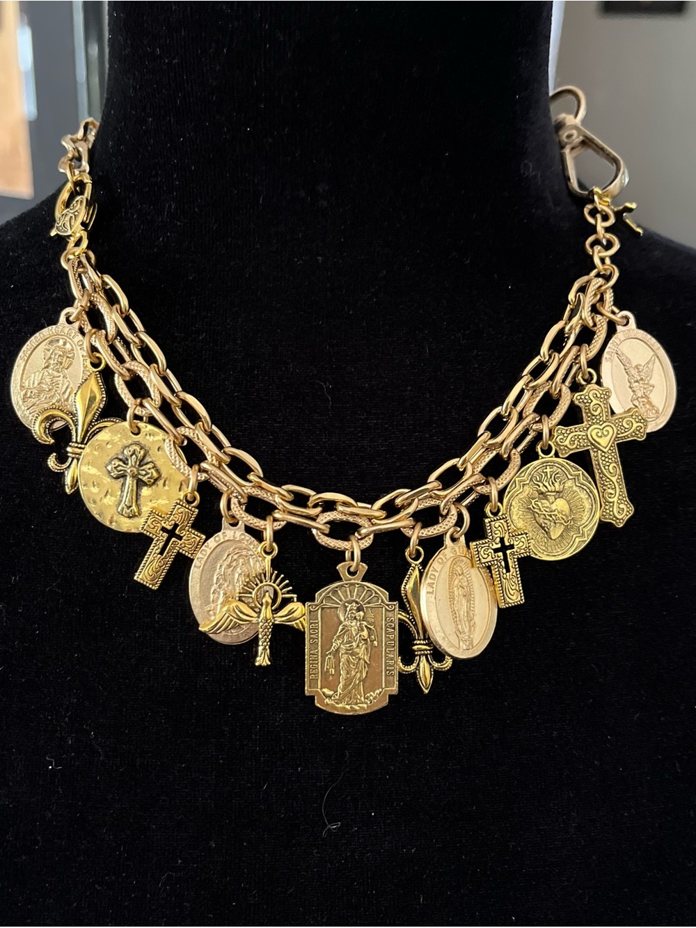 Catholic Saints and Crosses Charm Bracelet, Gold Tone Medals - Picture 6 of 12